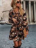 Bjlxn Stunning Floral Print V-neck Belted Dress - Stylish Long Sleeve Design with Adjustable Waist, Perfect for Spring and Fall Seasons - Elegant Womens Clothing for Everyday Wear