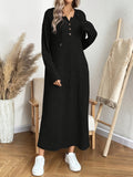 Women's Long Sleeve Pullover Dress, Elegant Solid Color, Polyester Knit, Hooded, Button Detail, Straight Fit, Adult Casual Wear for Autumn/Winter