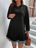 Plus Size Gingham Pattern Women's Casual Drawstring Hooded Long Sleeve Sweatshirt Dress with Ruffle Hem