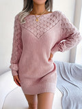 Plus Size Hollow Out Knitted Sweater Dress for Women, Elegant Long Sleeve Dress for Spring & Winter