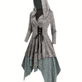 Bjlxn Stunning Asymmetrical Long Sleeve Dress - Elegant Hooded Design, Lace-Up Detail, Handkerchief Hem, 100% Polyester Knit Fabric, Color Block Pattern, Perfect for Fall/Winter Season, Adult Wear