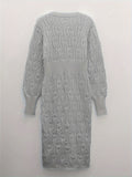 Chic Warm V-Neck Midi Sweater Dress - Hollow Detail, Semi-Sheer Elegance, Perfect for Fall/Winter