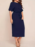 Chic All-Season Elegance: Durable Knit, Non-Sheer Solid Color Dress with Crew Neck, Half-Sleeves, and Flattering Tie Waist