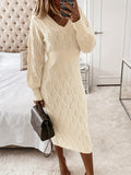 Chic Warm V-Neck Midi Sweater Dress - Hollow Detail, Semi-Sheer Elegance, Perfect for Fall/Winter