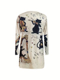 Bjlxn Charming V-Neck Dress with Cat Motif – Versatile Long Sleeves & Comfortable Dual Pockets – Perfect for Casual Wear