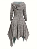 Bjlxn Stunning Asymmetrical Long Sleeve Dress - Elegant Hooded Design, Lace-Up Detail, Handkerchief Hem, 100% Polyester Knit Fabric, Color Block Pattern, Perfect for Fall/Winter Season, Adult Wear