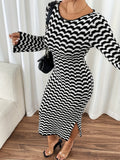 Scallop Pattern Knit Trumpet Dress, Elegant Long Flare Sleeve Crew Neck Split Hem Dress For Fall & Winter, Women's Clothing