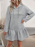 Elegant Women's Hooded Knee-Length Knit Dress with Ruffle Hem and Long Sleeves - Solid Polyester, Adult Fall/Winter Collection