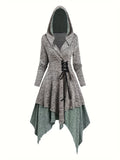 Bjlxn Stunning Asymmetrical Long Sleeve Dress - Elegant Hooded Design, Lace-Up Detail, Handkerchief Hem, 100% Polyester Knit Fabric, Color Block Pattern, Perfect for Fall/Winter Season, Adult Wear