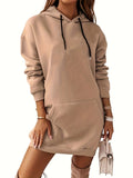 Bjlxn Cozy Kangaroo Pocket Long Sleeve Sweatshirt Dress - Soft, Casual, Solid Color, Drawstring Hooded, Above Knee, Relaxed Fit, Women's Clothing for Everyday Wear