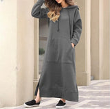 Bjlxn Hoodies Dress for Women Fashion Hem Lace-up Midi Robe Hooded Long Vestidos Winter Warm Casual Loose Sweatshirt Dress