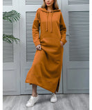 Bjlxn Hoodies Dress for Women Fashion Hem Lace-up Midi Robe Hooded Long Vestidos Winter Warm Casual Loose Sweatshirt Dress