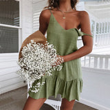 Sexy Spaghetti Strap Ruffle Dress Women Summer Dress 2024 Cotton Linen Vestidos Green Dresses Off Shoulder Sexy Mini Sundress