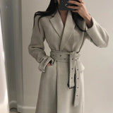 Bjlxn High Qulity Thicken Women Coats Winter Woolen Coat With Long Belt Office Lady Fashion Lace Up Outerwear