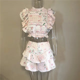 High Quality Sunday Set elastic waistband Cropped top with ruffle detail and cute ruffle mini shorts skirts