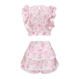 High Quality Sunday Set elastic waistband Cropped top with ruffle detail and cute ruffle mini shorts skirts