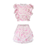 High Quality Sunday Set elastic waistband Cropped top with ruffle detail and cute ruffle mini shorts skirts