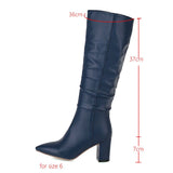 Women Autumn Winter Knee High Boos Fashion Slip On Square High Heel Long Boots Ladies Pointed Toe Pleated Women Boots Black Red