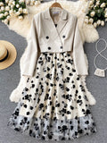 Bjlxn French Style Elegant Two Piece Sets Women Double Breasted Blazer Jacket + Mesh A-line Long Dress Fashion Korean Outfits