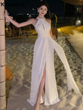 Bjlxn Elegant Sexy Backless Solid Long Dress Birthday Evening Party Halter Designer White Robe Summer Women Fashion Wedding Vestidos