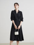 Bjlxn 【2 Colors】Women Wrap Design Turn-down Collar Temperament Drape Dress Summer Half Sleeve Black Long A-LINE Dress 24DS82102