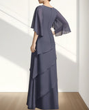 A-Line Mother of the Bride Dress Wedding Guest Elegant Floor Length Chiffon 3/4 Length Sleeve  with Cascading Ruffles 2024