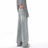 Bjlxn - New High Waisted Jeans Women Button Full Length Wide Leg Denim Pants Fashion Vintage Y2K Light Blue Loose Trousers