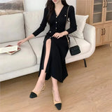 Bjlxn Korean Chic Knitted Dresses for Women V-neck Long Sleeve Slim Bodycon Ruffles Party Dress Casual Autumn Winter New Vestidos