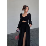 Bjlxn - Elegant Black Square Collar Women Dresses Summer Fashion Short Sleeve Hollow Out Dresses Casual Slit Straight Floor-length Dress