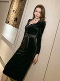 Bjlxn Sexy Elegant Slim Waist Midi Derss Women Vintage Velvet V-neck Vestidos Office Lady Package Hip Pencil Dersses Autumn Clothes