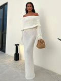 Bjlxn - Knit Hollow Out Off-Shoulder Maxi Dress Female Cover up Loose Long Sleeve Holiday Beach Party Dress Women Knitwear Dress