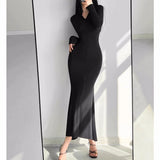 Bjlxn Autumn New Solid Bodycon Midi Dresses for Women Long Sleeve Zipper Design Slim Mermaid Dress Casual Party Bandage Dress Vestidos