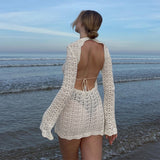 Bjlxn Vintage Crochet Flower Hollow Out Dress Cover-Ups Chic Women Sexy Knit Backless Tie-up Mini Dress Summer Beach Holiday Bodycon