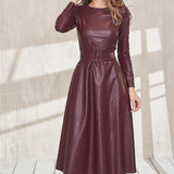 New Fashion Belt Faux Leather Dresses Women Long Sleeve Slim Fit PU Dress Sexy Club Wear New Arrival Autumn Winter