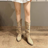 Hollow Embroidered Vintage Western Boots Women 2023 Autumn Chunky Heels Knee High Cowboy Boots Woman Pu Leather Knight Booties