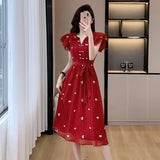 Bjlxn New Fashion Elegant Women V Neck Dress New French Summer Red Short Sleeve Lace Up Slim Waist Office Ladies A Line Vestidos