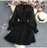 Bjlxn Luxury Spring Lantern Sleeve Women Sexy Mini Lace Dress Elegant Ladies Retro Purple Single Breasted Sashes Party Dresses Vestido