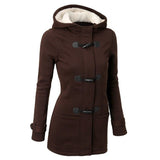 Hooded Cotton Blend Classic Horn Leather Buckle Coat Jacket Cotton Coat Women