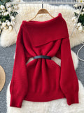 Bjlxn Women Knitted Sweater Autumn Winter Sexy Off Shoulder Lapel Slim Pullover Tops Female Solid Long Sleeve Korean Casual Sweaters