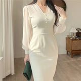 Bjlxn Korean Fashion Bodycon Midi Dresses for Women Mesh Patchwork Long Sleeve Fishtail Office Lady Mermaid Party Dress Slim Mermaid