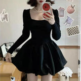 Bjlxn Elegant Black Mini Dresses for Women Square Collar Long Sleeve A-line Korean Fashion Y2K Autumn New One Piece Mini Vestidos