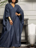 Bjlxn Loose Fit Denim Imitation Dress Batwing Sleeve V Neck Plain Maxi Dresses Casual Solid Color Floor Length Vestidos