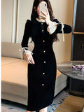 Bjlxn Woman Winter Spring New Elegant Velvet Patchwork Midi Slim Dresses Lady Party Prom Fashion One Piece Clothes