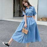 Bjlxn Casual Women Denim Dress Elegant Fashion Short Sleeve Turn-Down Collar Single Breasted High Waist Vintage Dress Female