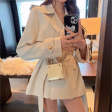 Bjlxn Elegant Lapel Blazer Coats Women Autumn New Double Breasted British Style Jacket with Belt Casual Korean Fashion Outerwear