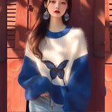 Bjlxn Lazy Style Contrasting Color Klein Blue Soft Women's Sweater Autumn Winter Loose Korean Version Butterfly Printed Top for Women