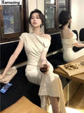 Bjlxn Women Elegant Long Dress Summer Fashion Off Shoulder Chic Bodycon Evening Party Dresses Korean One Piece Clothing