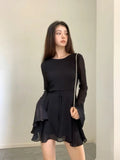 Bjlxn Backless Black Dress Women Elegant Back Hollow Out Lace-up Long Sleeve Mesh Patchwork Sexy Slim Ruffle Mini Dress Party