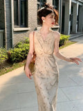 Bjlxn Women Summer Sexy Fashion Lady Elegant Vintage Printed Sleeveless Midi Dresses Female Clothes