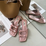 Bjlxn Summer Women Flat Slippers Candy Leather Women Simple Bow Shoes Open Toe Square Head Slippers Women 2024 New French Beach Shoes